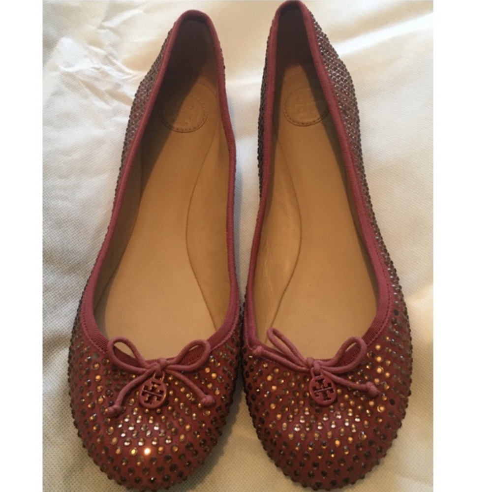 Tory Burch Dusty Rose Ballet Flats With Silver Crystal Embellishment